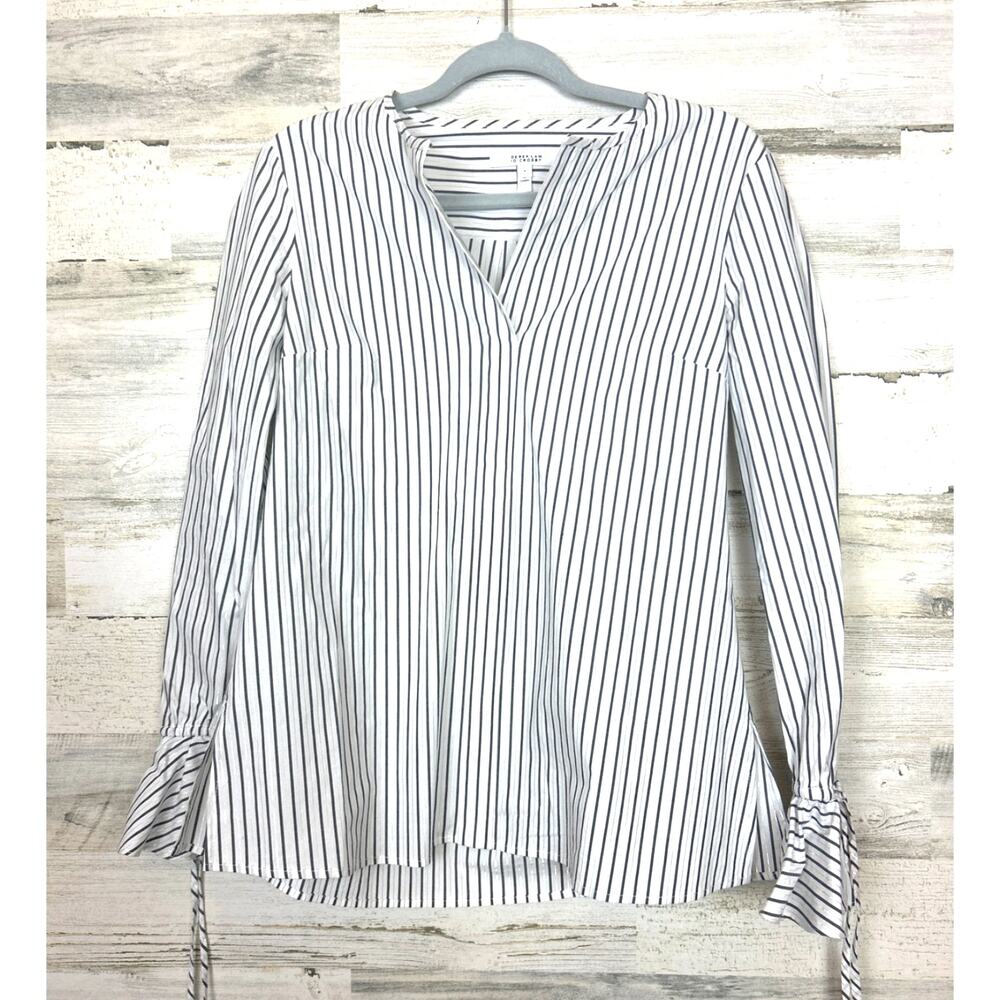 Derek Lam 10 Crosby Womens 4 White Gray Striped Cotton Cinch Wrist Boho Blouse